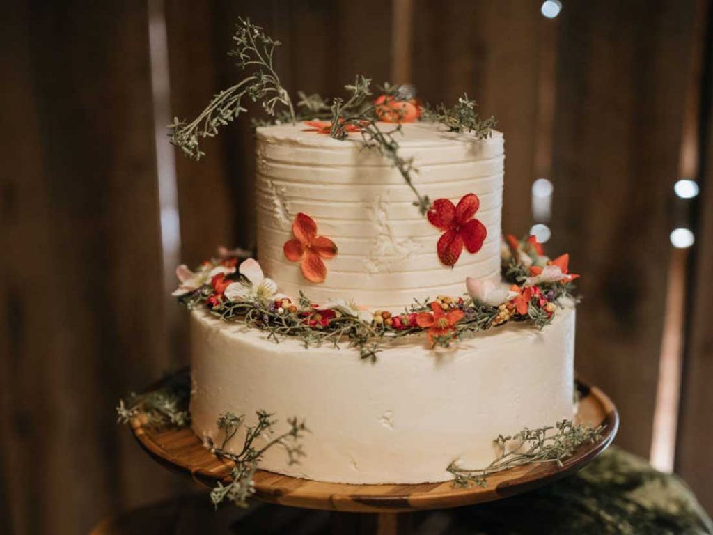 Closeup of wedding cake with flowers on it